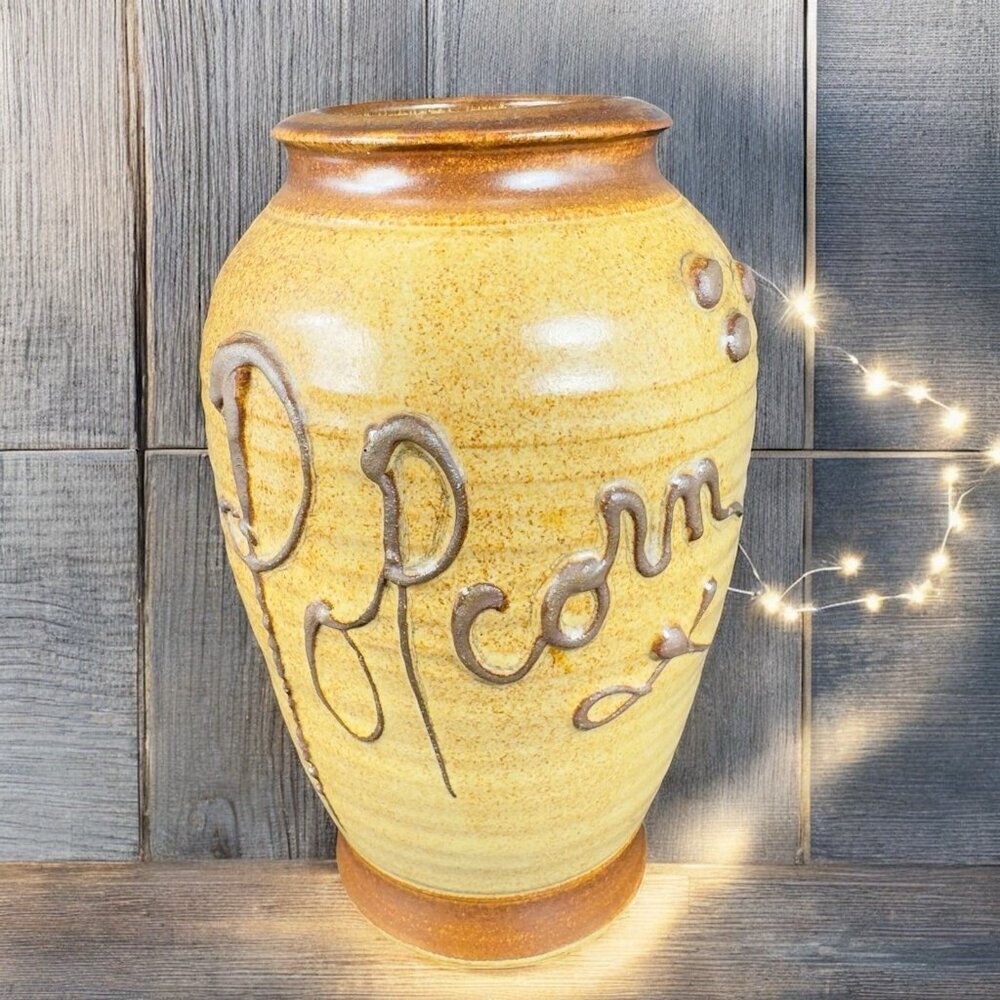 Hand Made Studio Art Pottery‎ Vase Vessel Popcorn Brown Stoneware Vase Signed